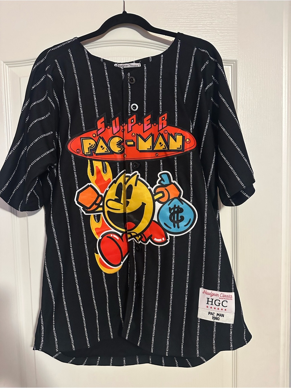 Headgear Classics Super Pac-Man Baseball Jersey Pinstripe Black L NWT Retro